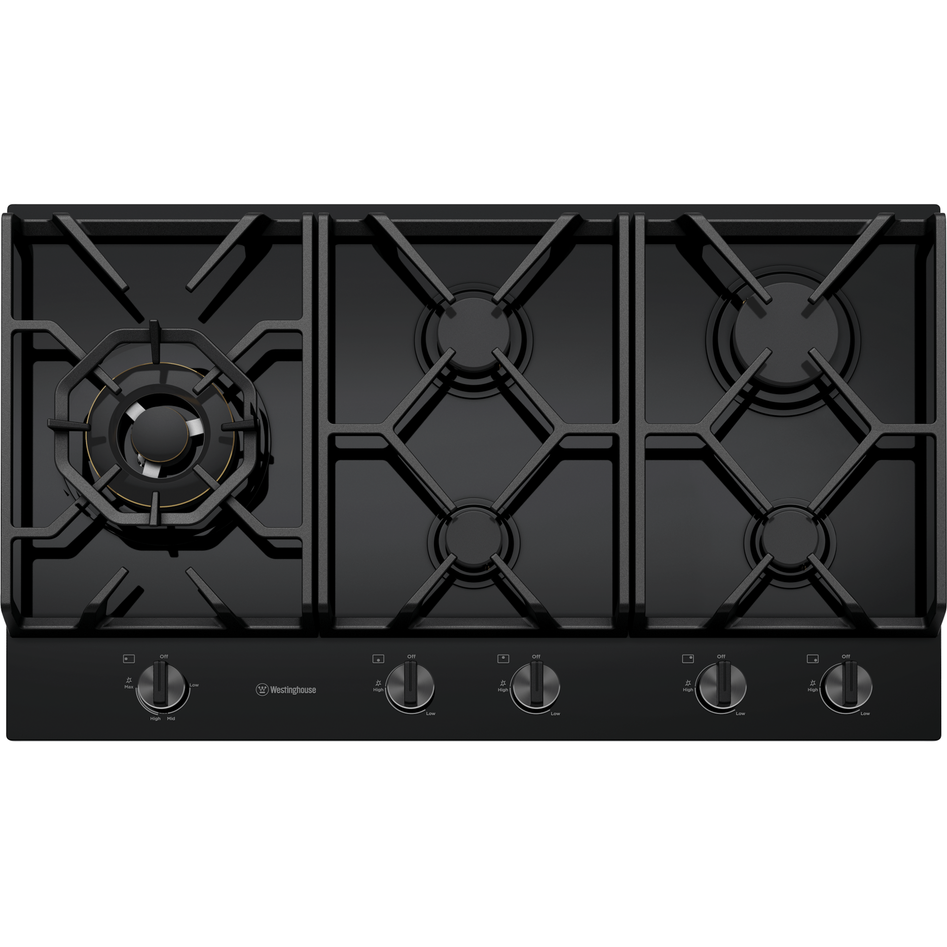 90cm 5 burner black ceramic glass gas cooktop - WHG959BD | Westinghouse NZ